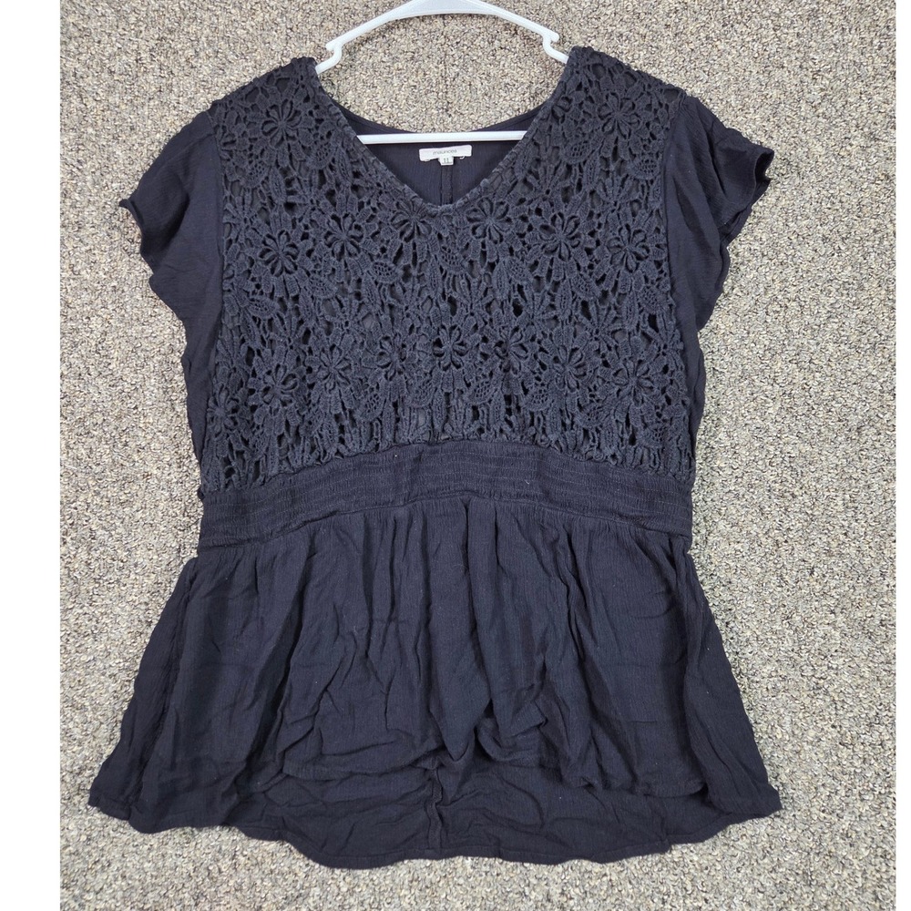 Maurices Peplum Top Womens XL Black Crochet Lace Smocked Waist Flutter Sleeve
